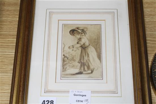 Lady Diana Beauclerk (1734-1808), two watercolours, Little girl walking towards a bird and Two little girls, 11.5 x 7.5cm and 11 x 10cm